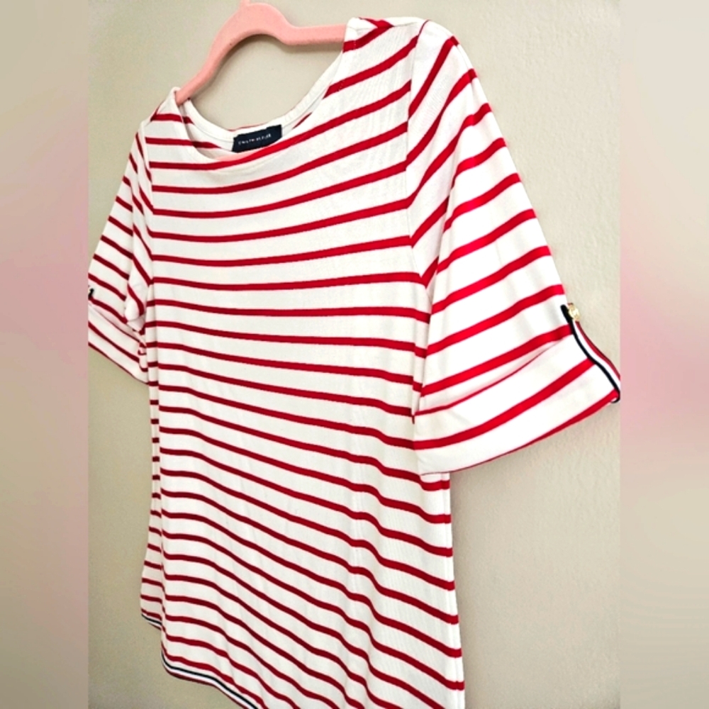 Tommy Hilfiger Red White Stripe Tunic Shirt Roll Cap Style Sleeve Trim Detail SP - Picture 2 of 9